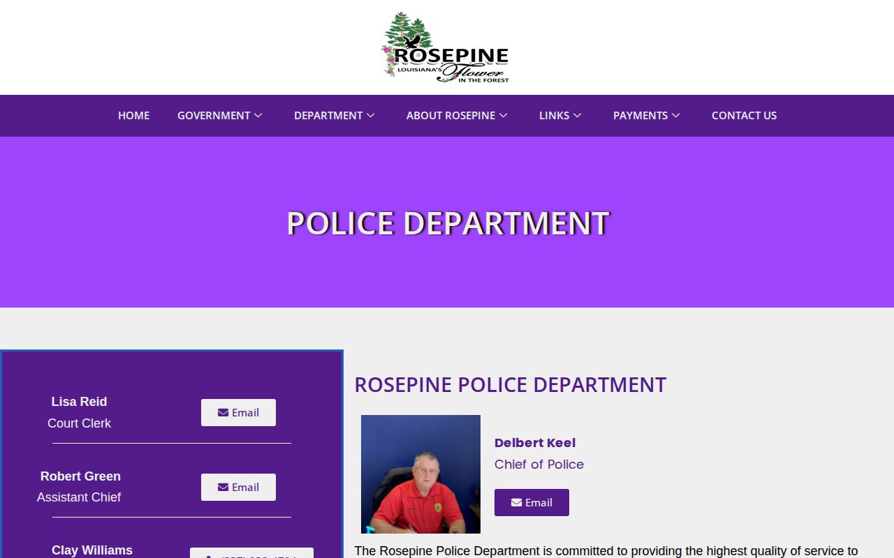 Official Rosepine Police Department webpage showing police contacts and sheriff after-hours routing
