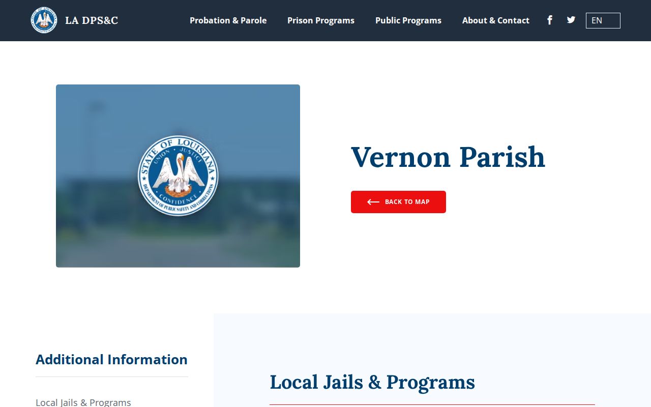 Louisiana corrections page identifying Vernon Parish Jail and its contact information