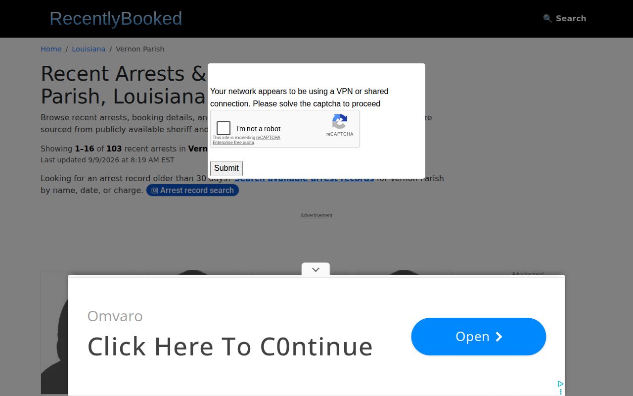 Unofficial Vernon Parish recent arrests index capture